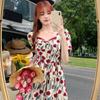 Sophisticated Temperament Lady Vacation Style Going Out Dating Dress Women's Summer Square Collar Waist Thin Medium and Long Dress