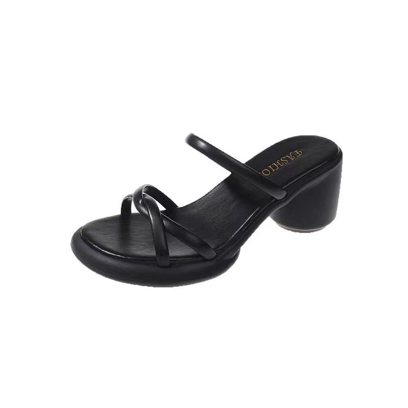 Fairy Style Thick Heel Cool Slippers Female Summer Wear 2025 New Fashion Word with High Heels Foot Cover Women Half Drag
