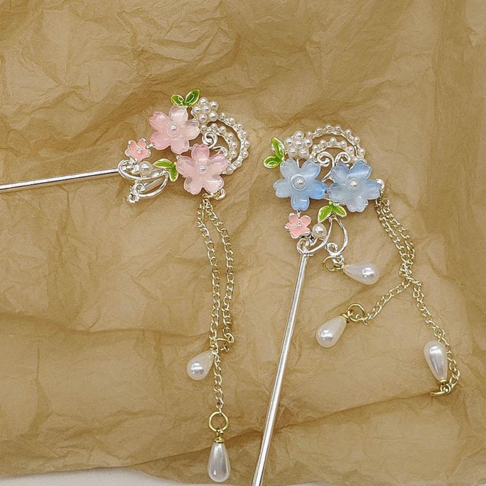 1 Piece Chinese - Style Hair Stick: Pink Resin Flowers, Pearl & Tassel, Perfect for Hanfu, Traditional Events
