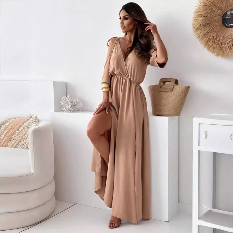 Women's Summer Long Dress Elegant A Line Solid Color Sexy Suspender Short Sleeve Evening Dress Women Loose Casual Seaside Vacation Female Dresses New