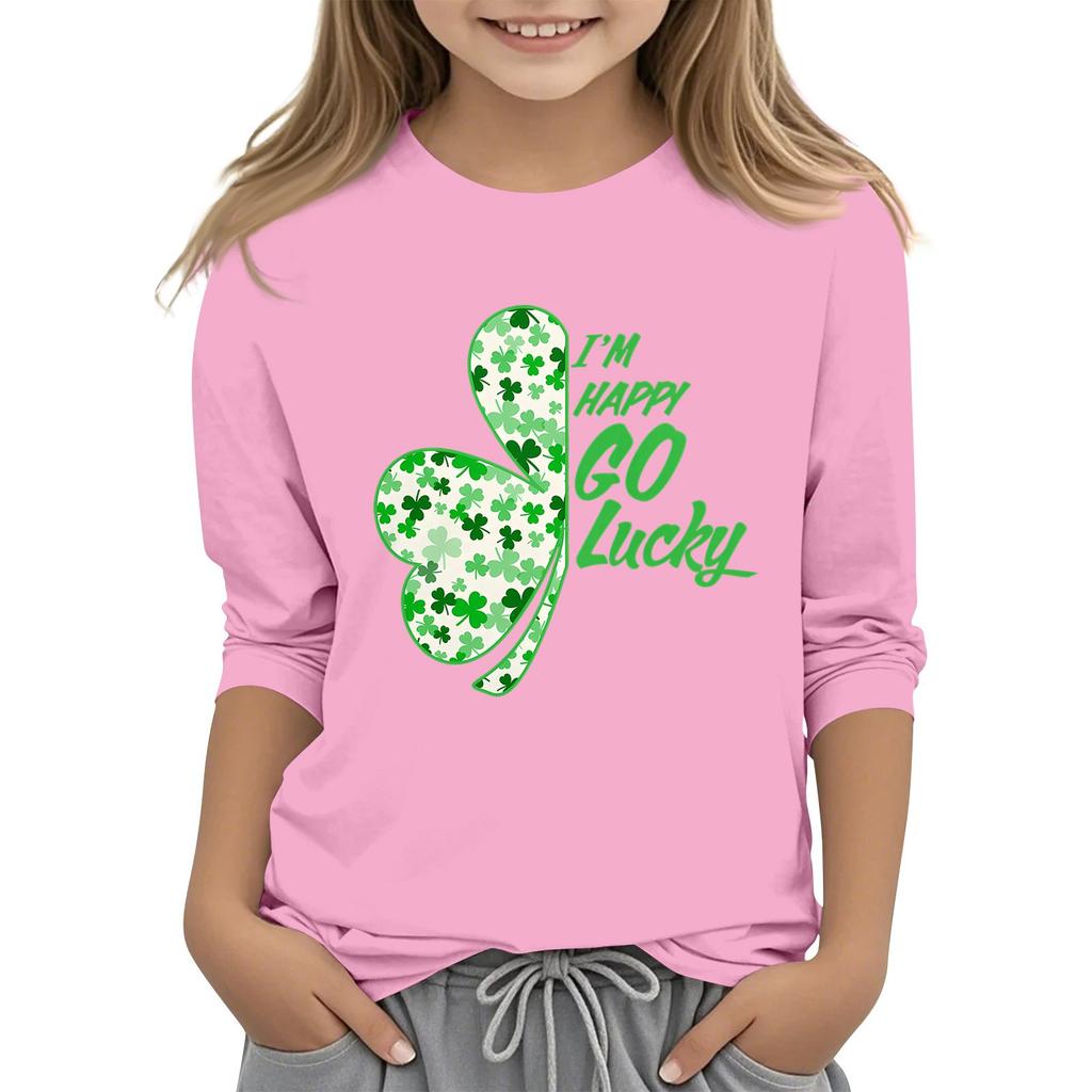 Dziecięcy T-shirt Casual z Nadrukiem na Kołnierzyku na Dzień Świętego Patryka z Rękawem 7/8