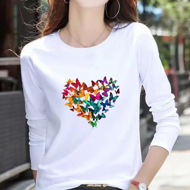 Women's Casual Heart Letter Print Long Sleeve Round Neck T-shirt for Spring & Autumn