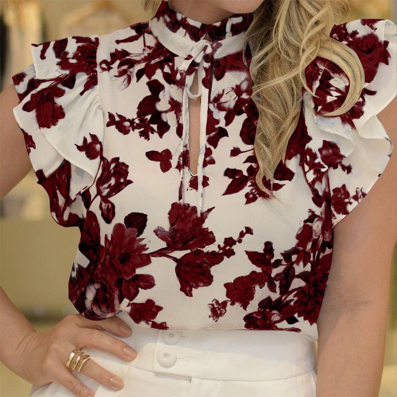 

ZANZEA Женская повседневная летняя блузка с воротником-стойкой и оборками 4XL красный