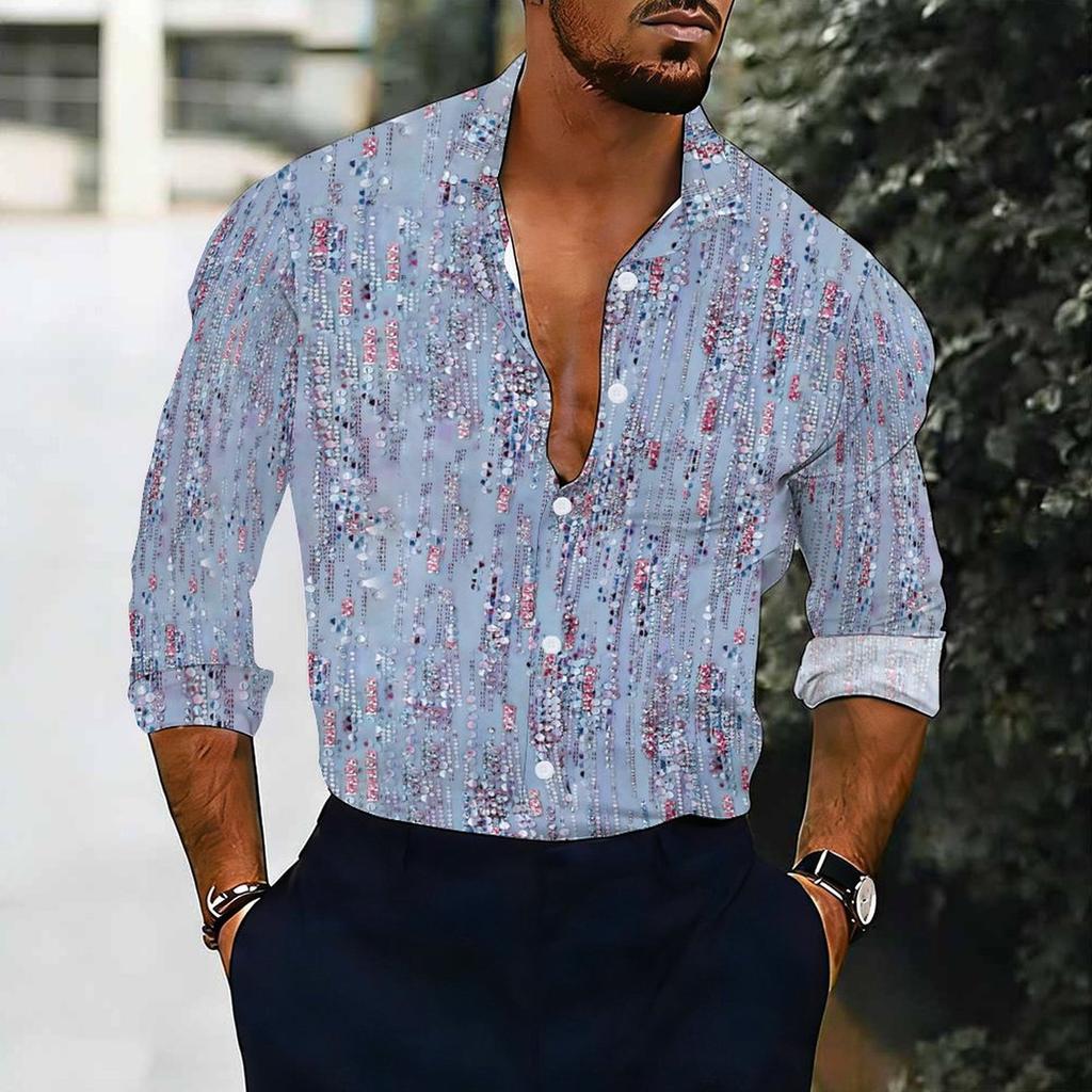 Men Collared Shirt Light Purple Wisteria Floral Print Long Sleeve Button Down Top