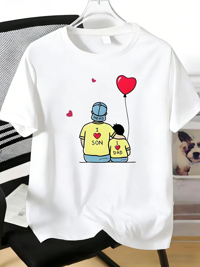 Unisexs Tee Father Son Heart Balloon Cartoon Print Cotton Short Sleeve Male Casual Streetwear Outdoor Daily Basic Fashion Top