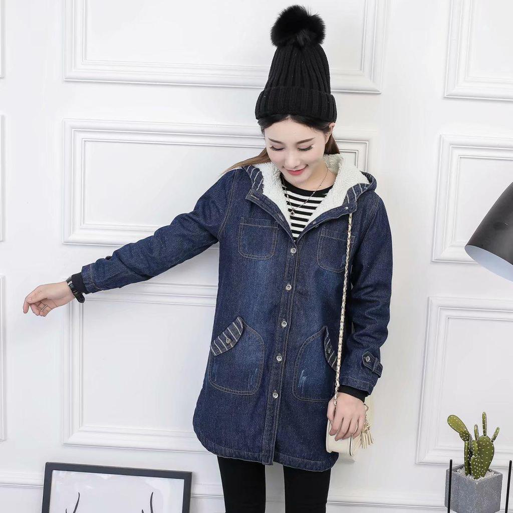 Women's Plus Size Hooded Denim Cotton Coat with Fleece Lining - Korean Style, Mid-Length, for Autumn and Winter.