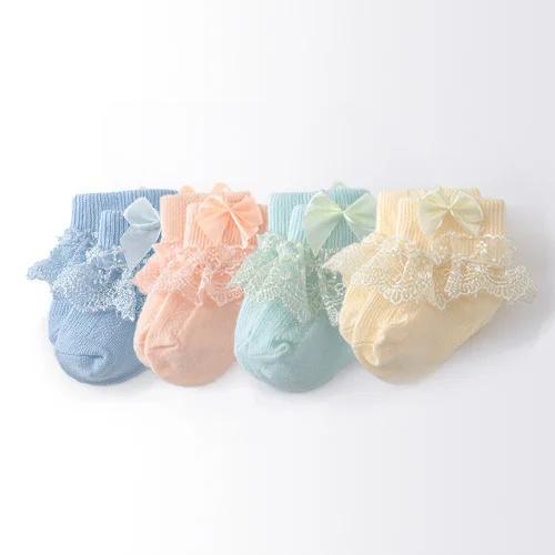 4 Paare/Los Frühling Herbst Neugeborene Babysocken für Mädchen Baumwolle Spitze Säuglingsmädchen Socke Prinzessin Schleife Kleinkind Baby Mädchen Socken 0-24M