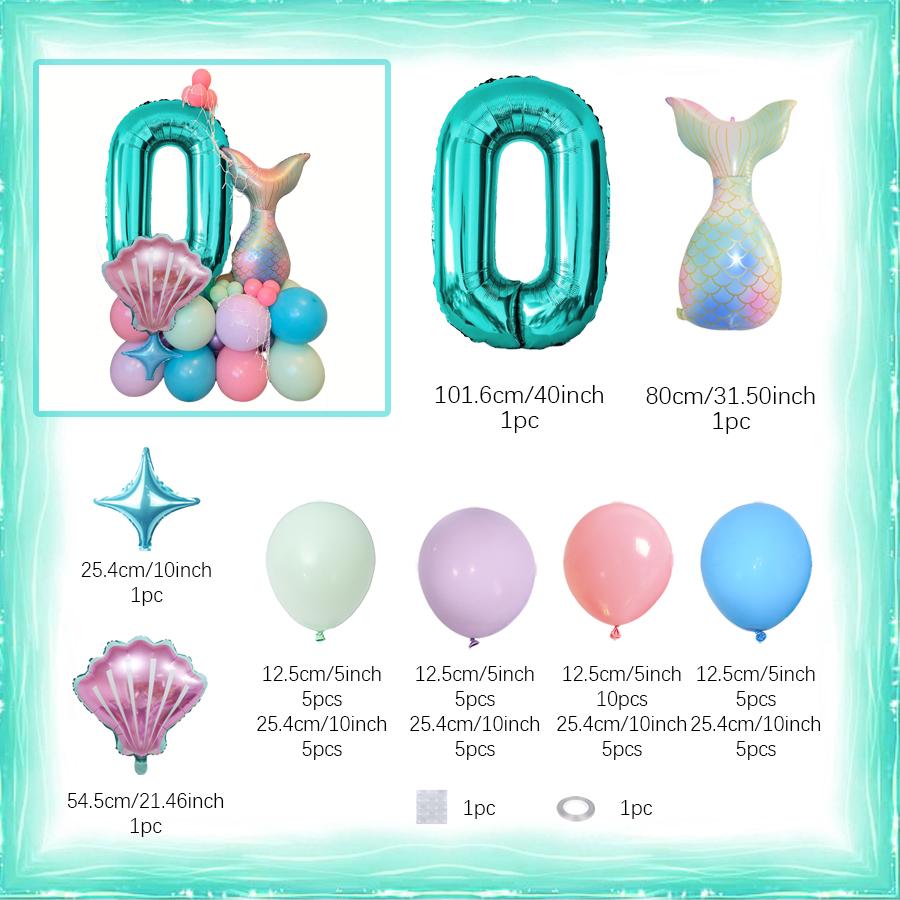 Mermaid Shell Themed Balloon Set with Numbers 1-9th Blue Purple Pink Latex Foil Balloons for Girl Princess Birthday Party Decor
