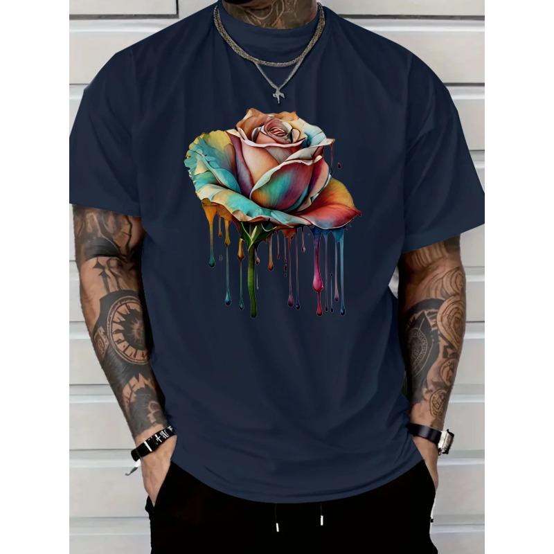 Европейские размеры Яркая графическая футболка - Мужская повседневная футболка с коротким рукавом ярко-красного цвета с красочным графическим принтом розы, машинная стирка S чёрный