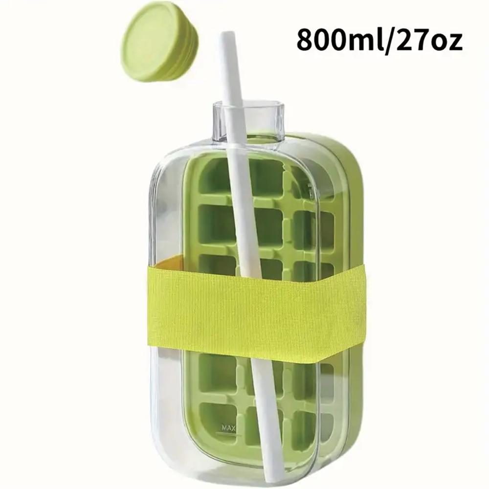 Ice Cube Bottle, 2 in 1 Press Ice Cube Mold Water Bottle with Lid and Bin, Ice Bottle Cup, Easy Press to Release Ice Cube Tray