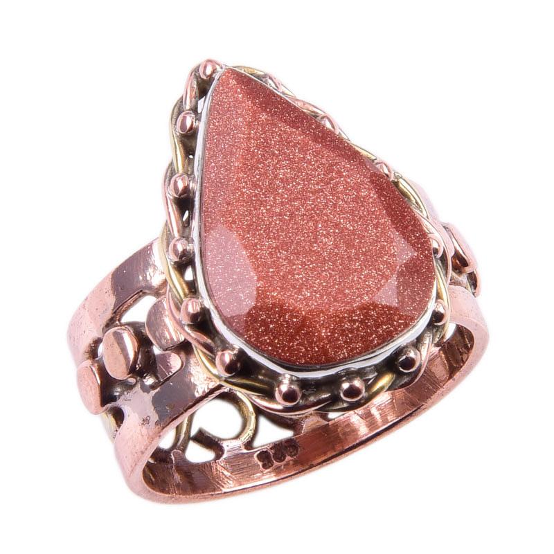 Natural Sunstone Gemstone Handmade 925 Sterling Silver Two Tone Ring Size 8 U6I29