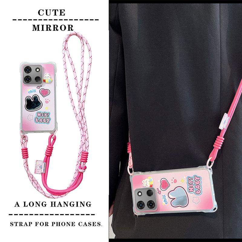 KEYSION Crossbody Strap Phone Case for TECNO Spark Go 2023 Pop 7 Pro Cute Cartoon Long Lanyard Mirror Shockproof Cover for Infinix Smart 7