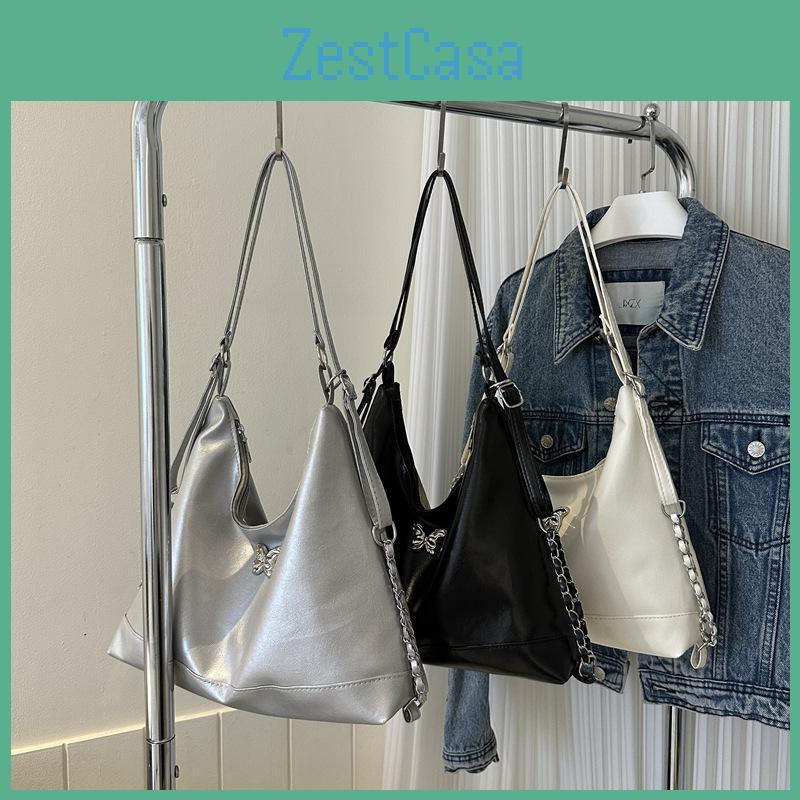 Trendy Korean Style Soft Pu Leather Shoulder Bag In Black White Silver