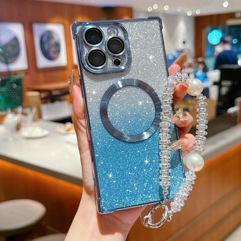 Glitter Case For iPhone 16 Pro Max 17 14 15 Plus Bracelet Short Chain Pearl Diamond Strap Lanyard Shockproof Magnetic Soft Cover