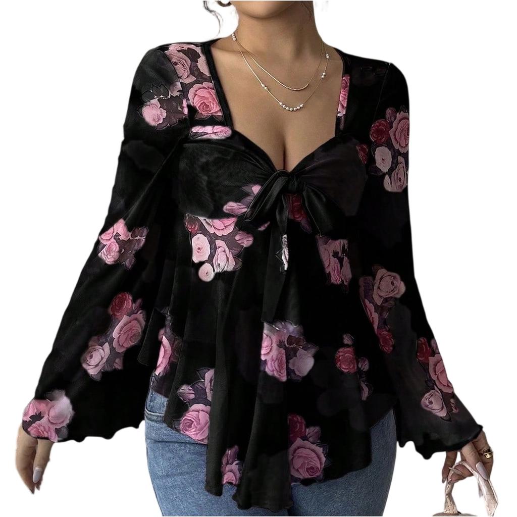 Women's Printed Work Clothes, Sloping Collar And Double Layer Pockets, Basic Top Pullover