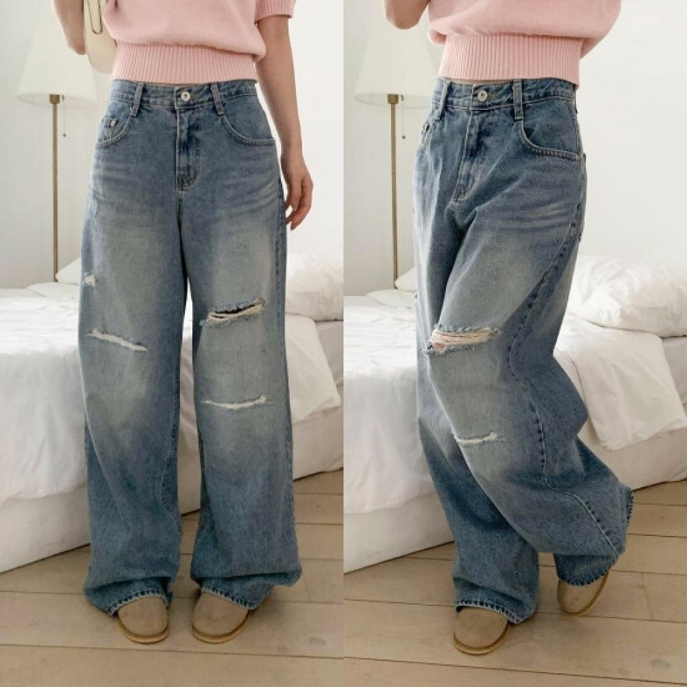 New Arrivals Open Run Ame Kaji Ripped Denim Pants Wide Fit Pants