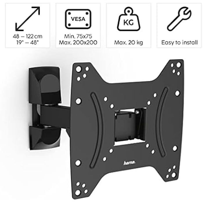 Support Mural TV - HAMA - Inclinable et Pivotable - 48 à 122 cm - Charge max 20 kg - VESA 200x200