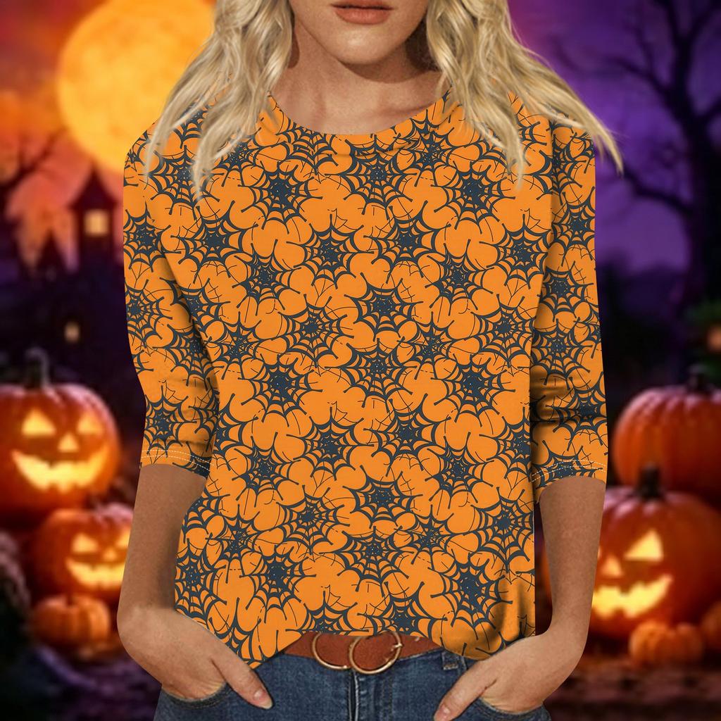 Women Casual Three Quarter Sleeve Halloween Pumpkin Print Crew Neck Top Lightweight Comfortable Fall Shirt for Everyday Wear