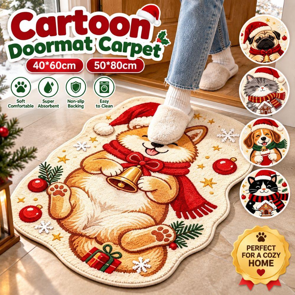 Soft Plush Cartoon Doormat Carpet Christmas Theme Pattern Cat Shaped Mat Entryway