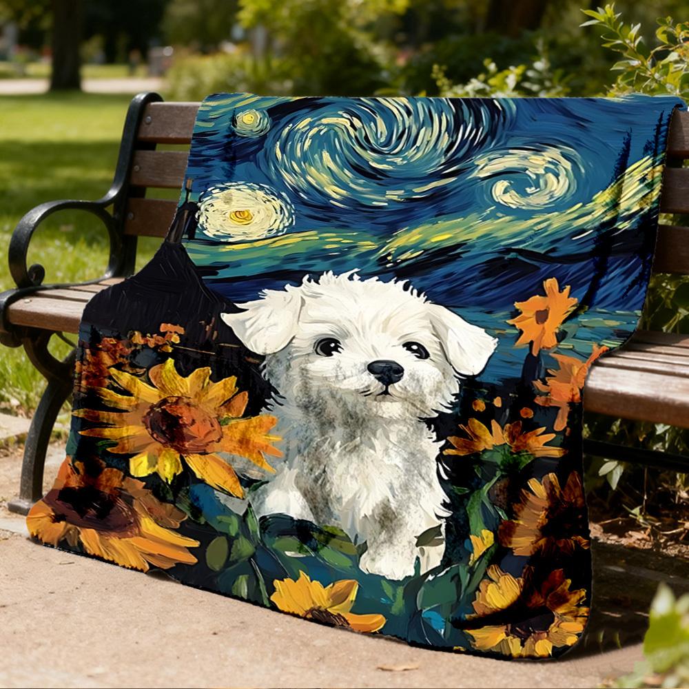 Puppy Sunflowers Outdoor Blanket, Soft And Comfortable Blanket, Casual Warm Outdoor Blanket, Camping Travel Blanket, Good Birthday Gift 1167