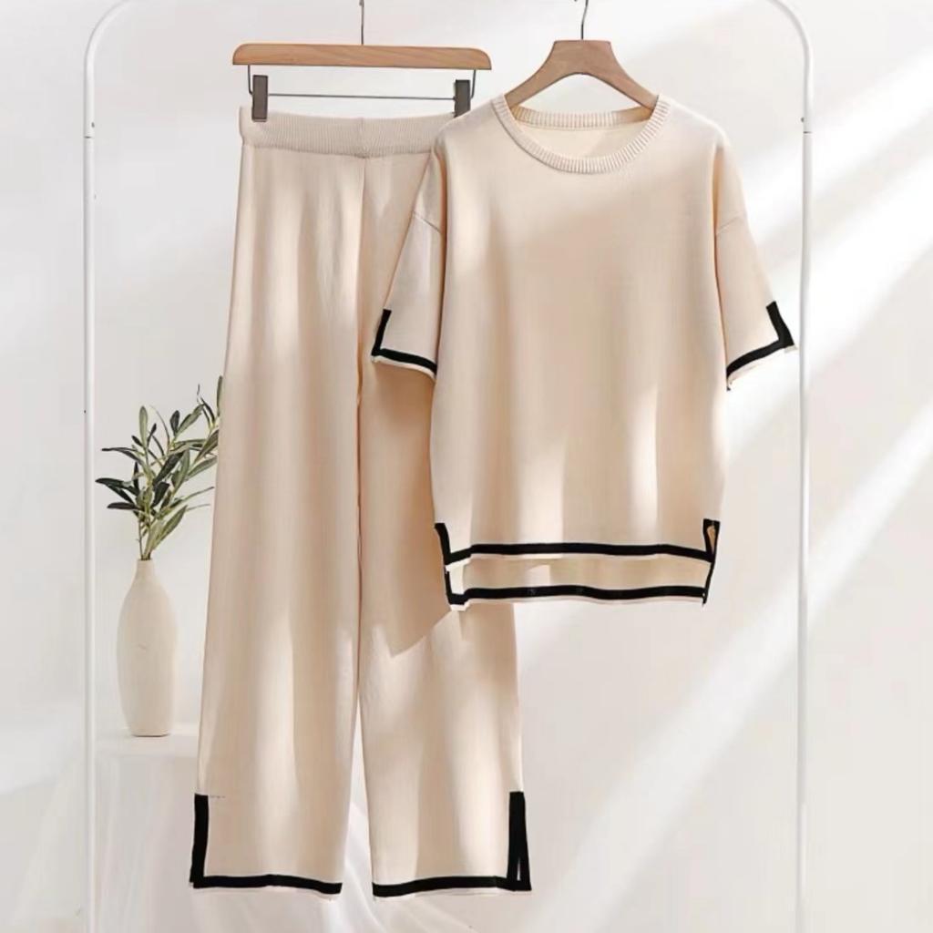 Tricotaj cu mânecă scurtă, cu mâneci scurte, cu talie înaltă, pantaloni subțiri, cu picioare largi, set de două piese