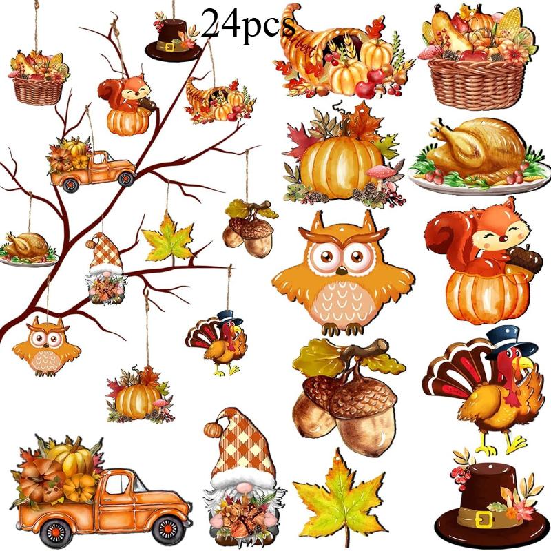 24pcs Autumn Thanksgiving Wooden Cutout Ornaments Cute Animal Pumpkin Pattern Wood Hanging Tree Window Harvest Home Decoration