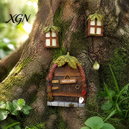 Waterproof Tree Trunk Decor 1 Set Fairy Door Windows And Lamp, Garden Accessories, Miniature Outdoor House Glow in The Dark Gnome for Yard Decoration