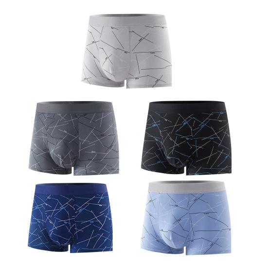 Men Boxer Underwear Elastic Mid-Waist Design Tight Cut Shorts Briefs Lines Print U-Convex Panties