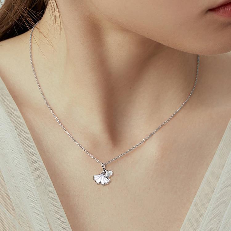 Three Lives Lucky Women's Ginkgo Leaf Pendant Necklace with White Mother-of-Pearl