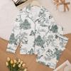 Women's Summer Pajamas Set: Printed Turn-Down Collar, Long Sleeve, Long Pants, Comfortable Casual Homewear