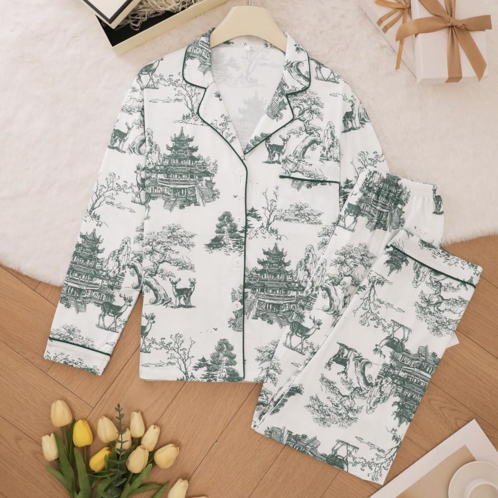 Women's Summer Pajamas Set: Printed Turn-Down Collar, Long Sleeve, Long Pants, Comfortable Casual Homewear