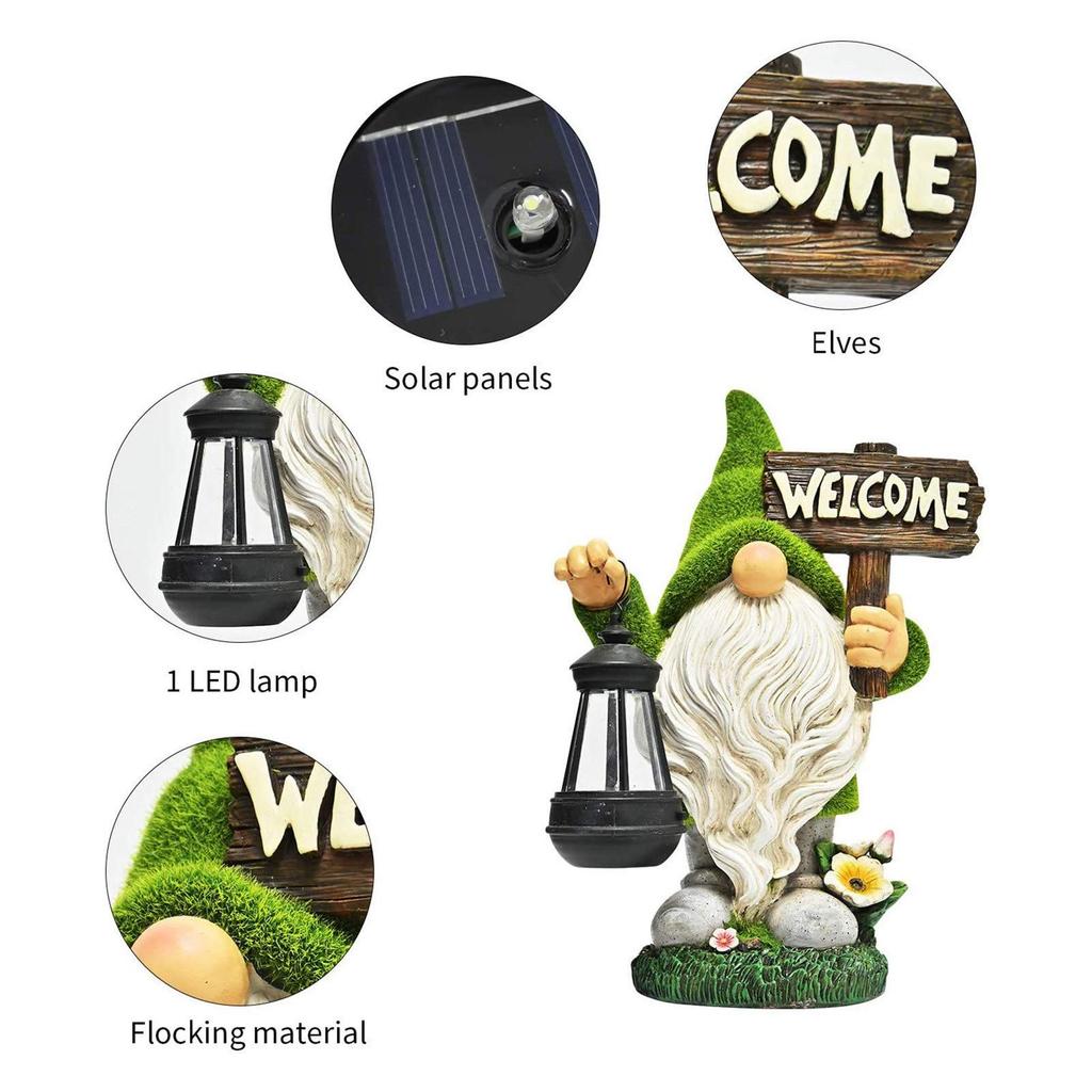 Gardening Ornament - Solar Light Garden Ornament - Earth Fairy with Long Beard - Solar Rechargeable - Resin - Waterproof - Suitable for Lawns, Entranc