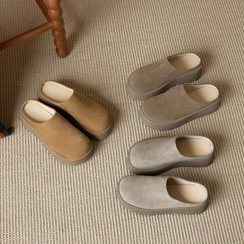 Retro genuine leather Haken half slippers for women's outdoor wear 2025 new thick soled anti slip toe toe shoes