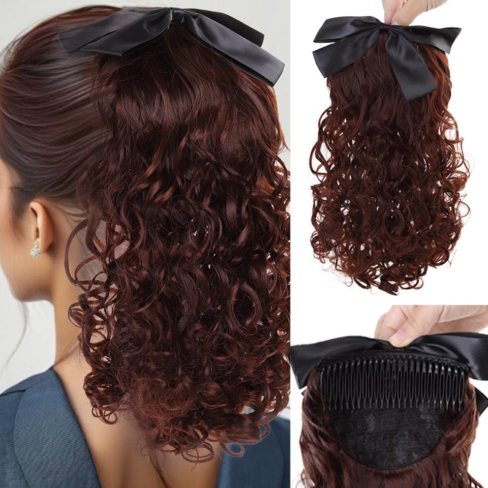Retro Bow Comb Style Synthetic Wavy Curly Ponytail Wig Is Suitable for Novice Women To Wear At Daily Holiday Parties and Dances