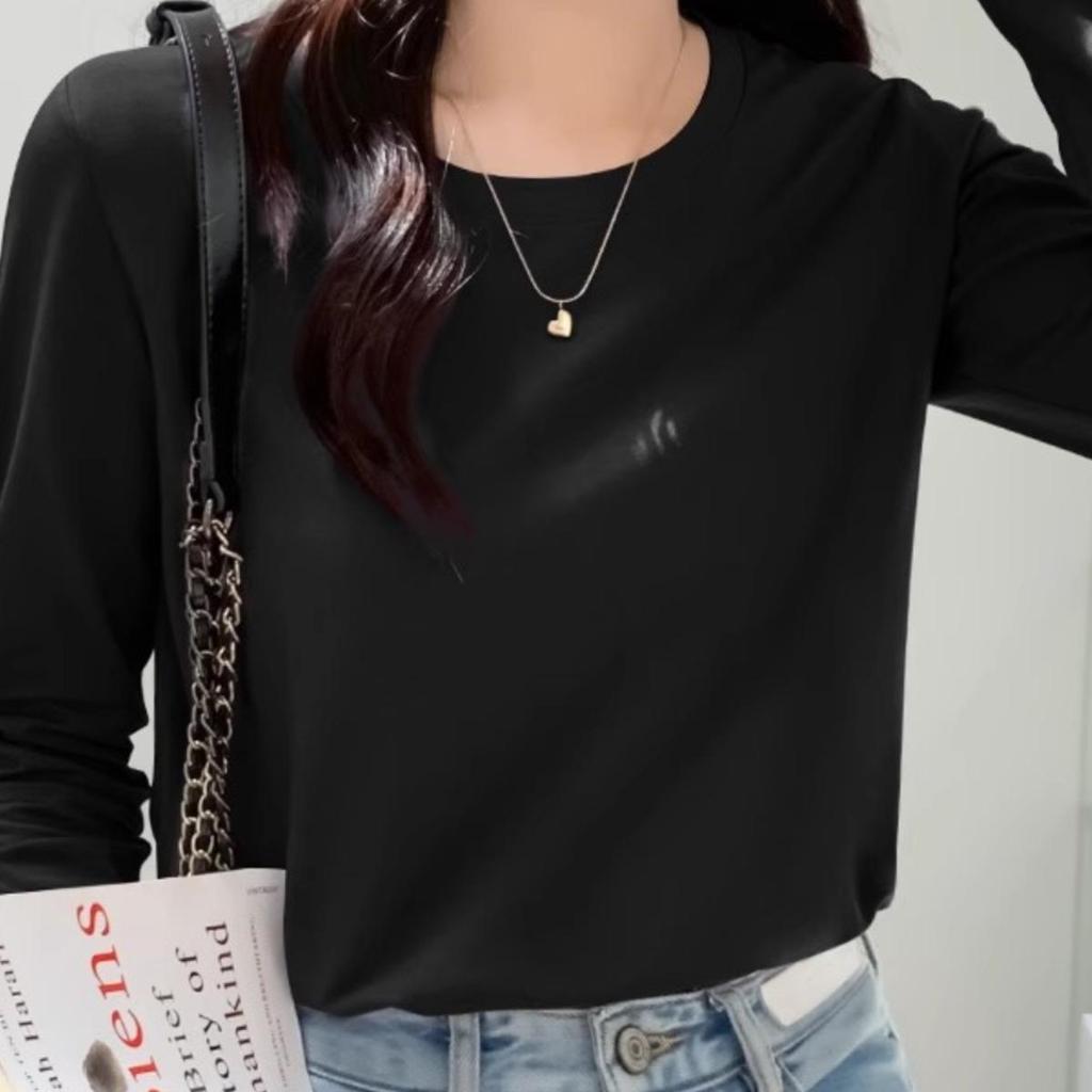 Women's White Long-Sleeve Round Neck Top, 2024 Autumn Loose Style