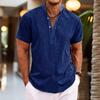 Men's shirt summer solid color stand-up collar men's semi-cardigan, linen short-sleeved shirt