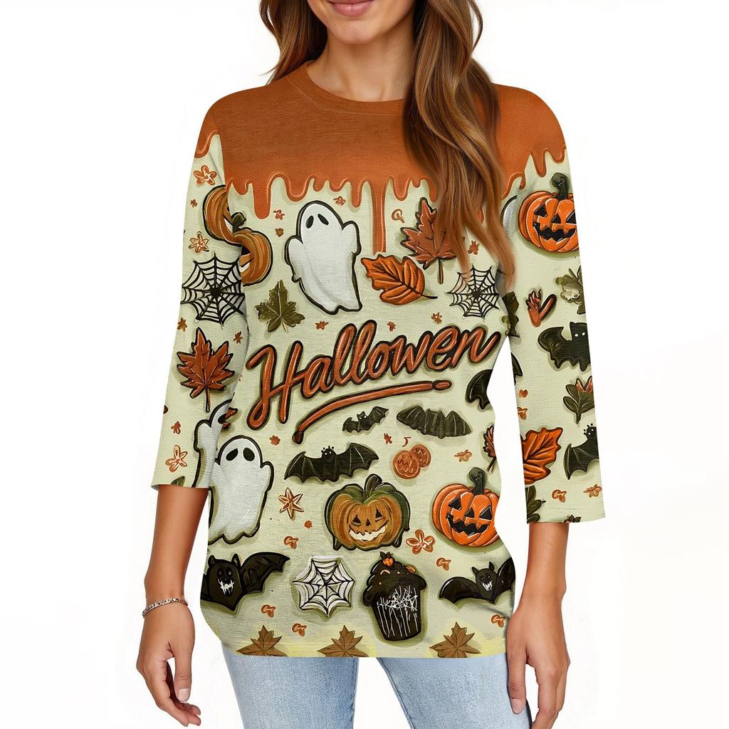 Damen T-Shirt Halloween Print 3/4 Ärmel Alltagsmode Basic Rundhals Reguläres Oberteil