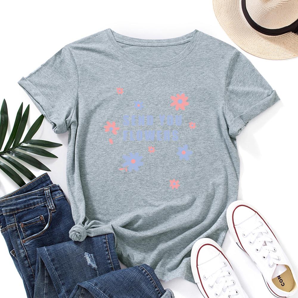 Send You Flowers Cotton T-Shirt Short Sleeve Round Neck Women 2d Print Tops