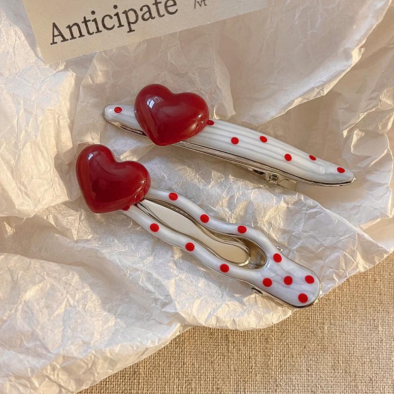 2Pcs Red Heart Cherry Dot Hair Clip for Women Sweet Irregular Water Droplets Side Clip Simple Y2K Hair Accessories