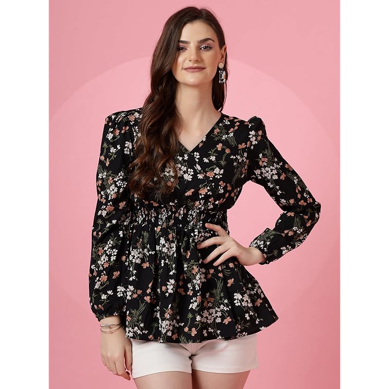 Sheetal Associates Women's Casual Puff Sleeves Floral Print Peplum Top