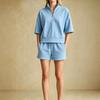 Damen Lässiges Sport-Zweiteiler-Set mit halbem Reißverschluss und geripptem Kragen, Kurzarm-Oberteil und Shorts, Loungewear