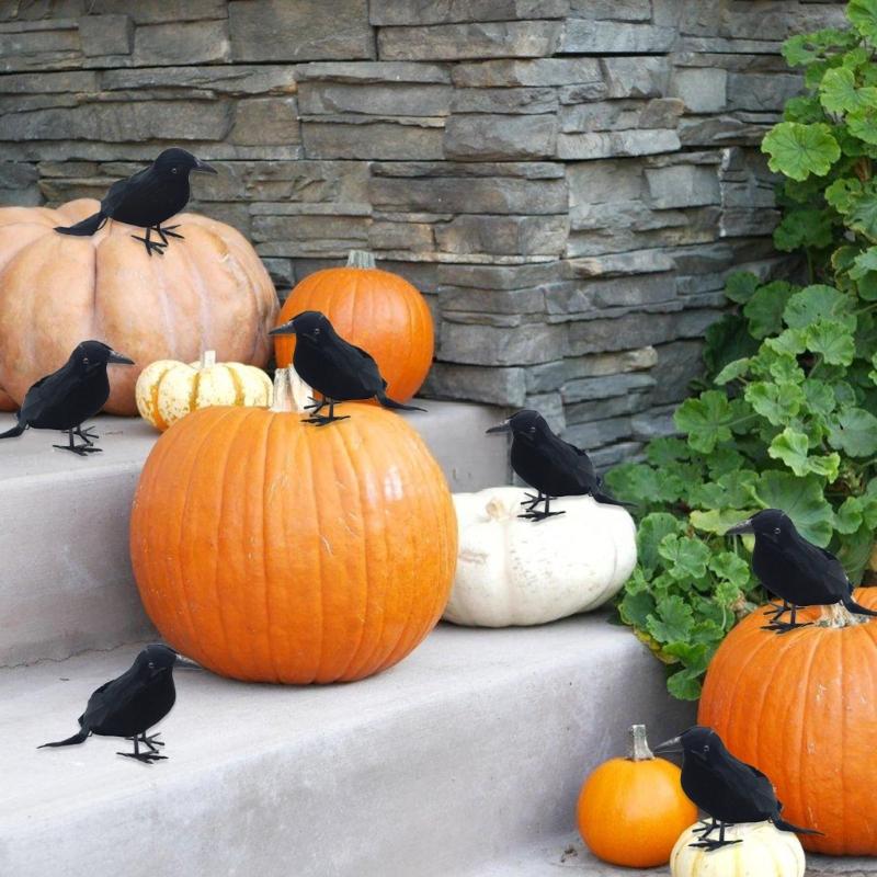 Set of 8 Black Feathered Crow Birds Halloween Scene Decors Halloween Party Props Decorations for Haunting House