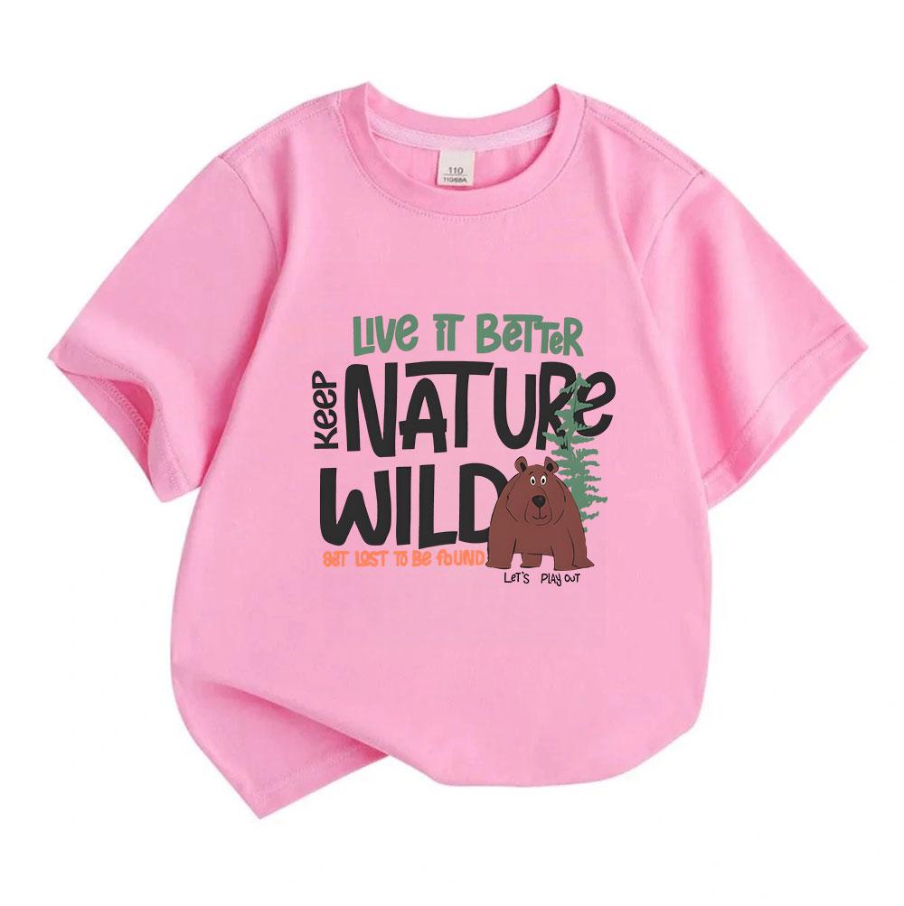 Kids Boys Girls 100% Cotton Crew Neck Short Sleeve T-Shirt, Keep Nature Wild Bear Pine Tree Print Casual Tees for Outdoor Hiking Nature Loving Childre