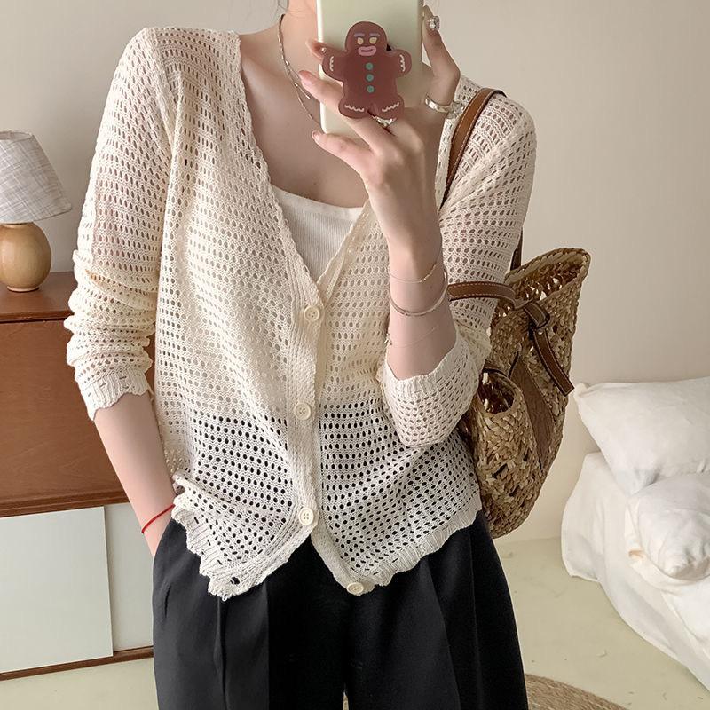 Small Fresh College Hollow Knitted Sweater Cardigan Women's Summer Thin Loose Long-sleeved Sunscreen Shawl Top
