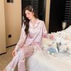 New French printed satin chiffon ice silk pajamas women's new Chinese spring and summer lace splicing set loungewear