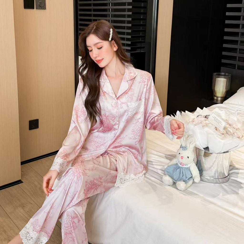 New French printed satin chiffon ice silk pajamas women's new Chinese spring and summer lace splicing set loungewear
