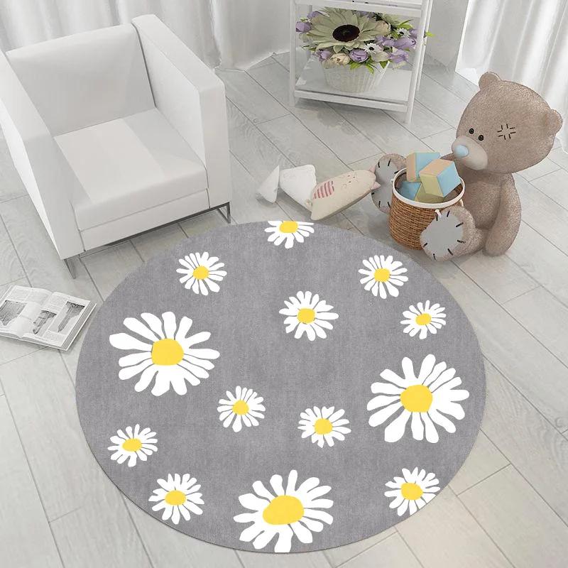 Artistic Modern Colorful Floral Round Rug – Daisy  Rose Nature-Inspired Mat for Living Room, Bedroom  Office