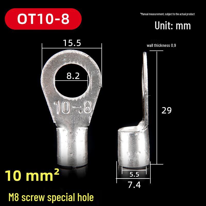 OT Series Pure Copper Crimp Lugs: Cold-Pressed Terminals, Brass Silver-Plated Bolt, Round Wiring Ears Connectors