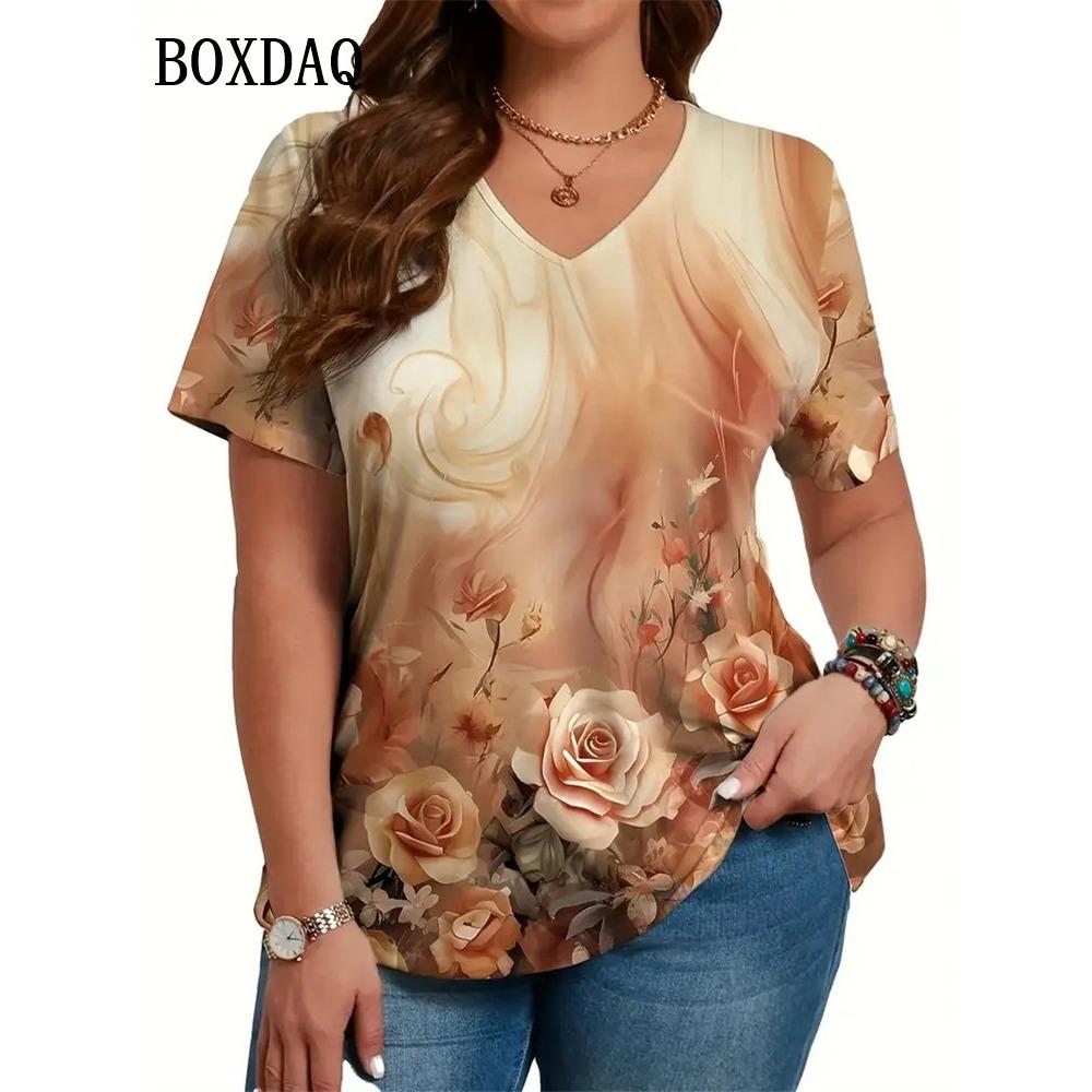 

Summer Vintage Flowers 3D Print Shirts Daily Casual V-Neck Short Sleeve Tops Loose Plus Size Tees M