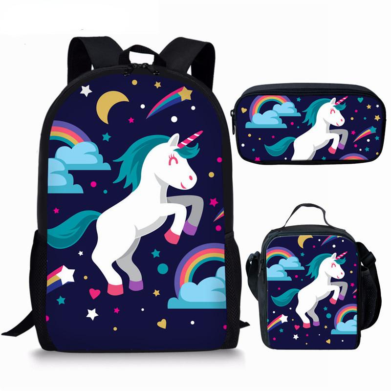 Classique Populaire Nouveauté Drôle Licorne Impression 3D 3pcs/Ensemble élève Sacs d'école Sac à dos pour ordinateur portable Sac à dos Sac à lunch Trousse